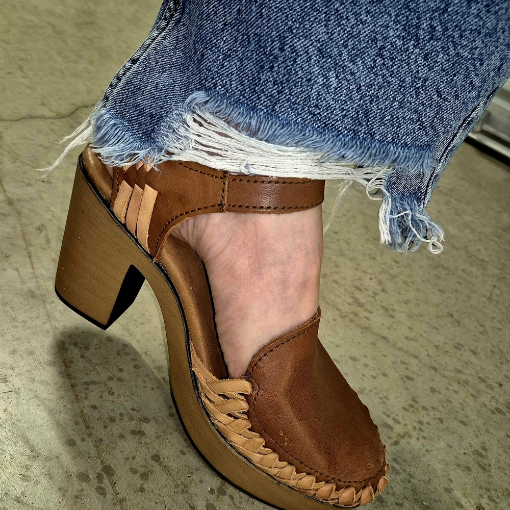 Woven Leather Block Heel Sandals - Women's Brown Heels - Picture 3 of 8